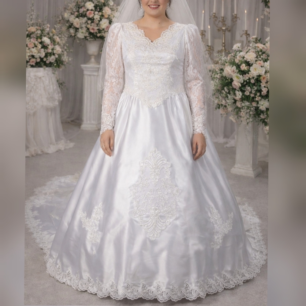 Jean Phoenix Bridal Vintage 80s 90s White Satin & Lace Wedding Dress sz 20